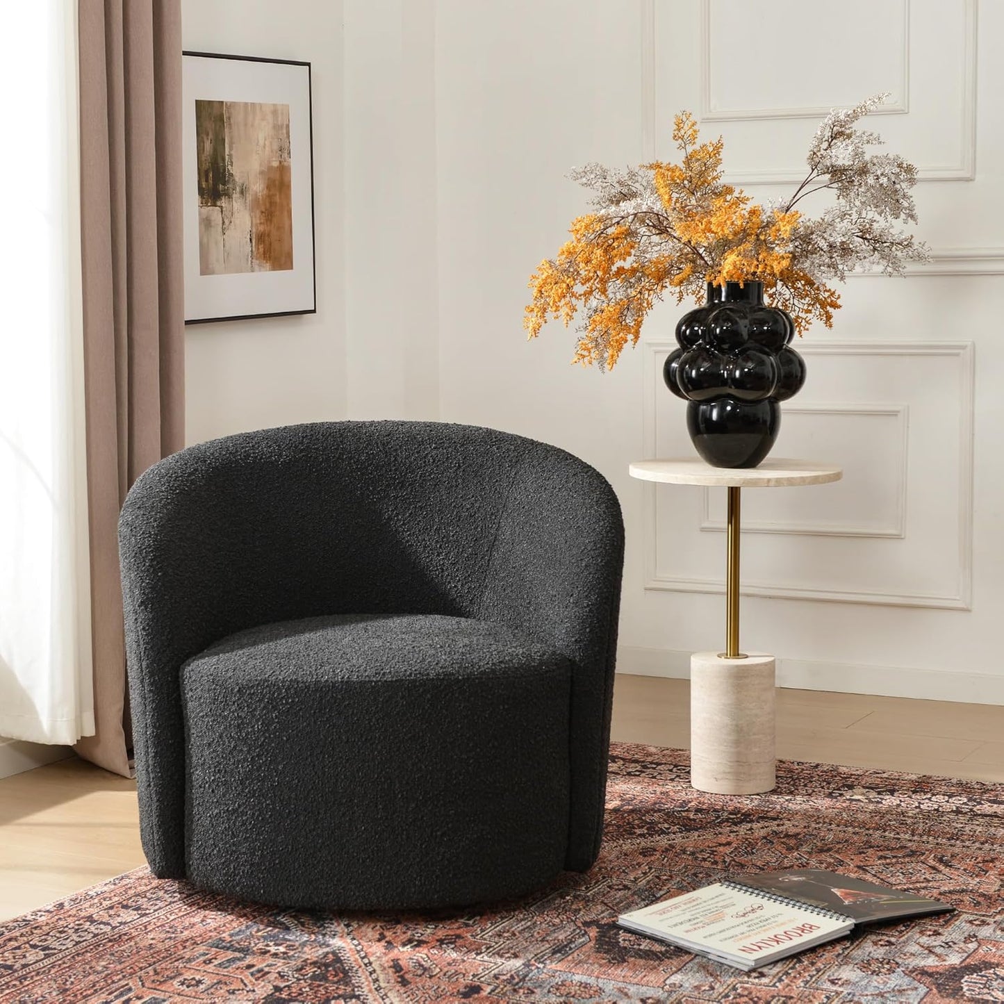 KINWELL 34" W Mid Century Modern Swivel Barrel Chair, Round Upholstered Boucle Swivel Accent