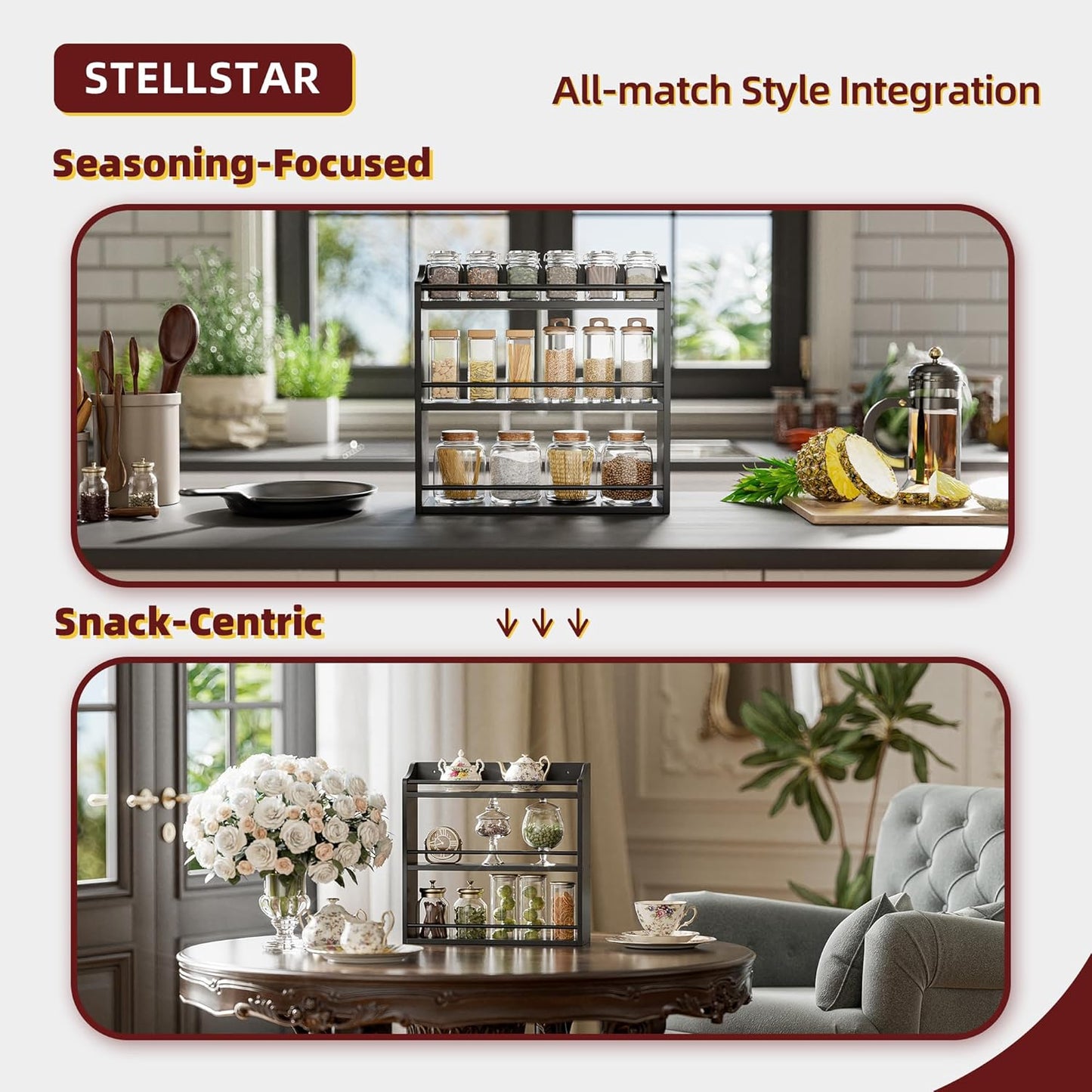 Bamboo Spice Rack Wall Mount or Tabletop Holder, 3-Tier Shelf for Seasoning Bottles Organizer