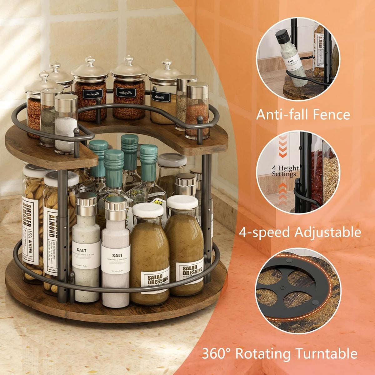 2 Tier Lazy Susan Organizer,2-Tier Spinning Spice Rack with Stable Carousel Base & 4 Height