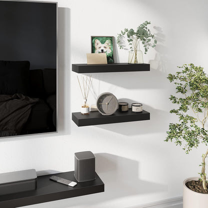 BAMEOS Floating Shelves, Black Wall Mounted Wooden Shelves with Invisible Brackets Set of 2