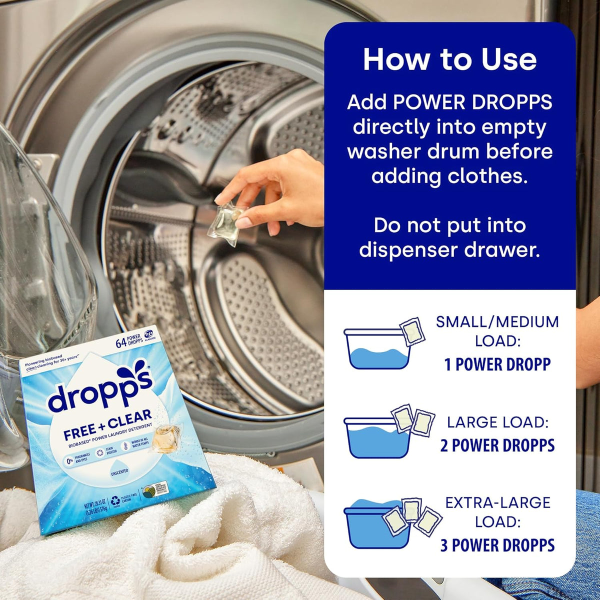 Dropps Free + Clear Biobased Power Laundry Detergent Pods, Unscented (64 Count) - HE Compatible