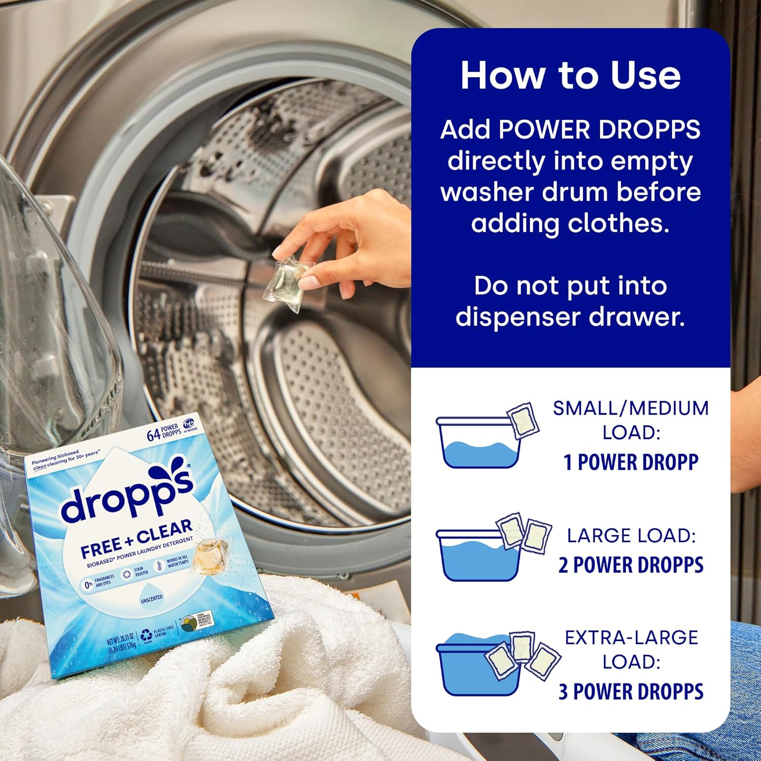 Dropps Free + Clear Biobased Power Laundry Detergent Pods, Unscented (64 Count) - HE Compatible