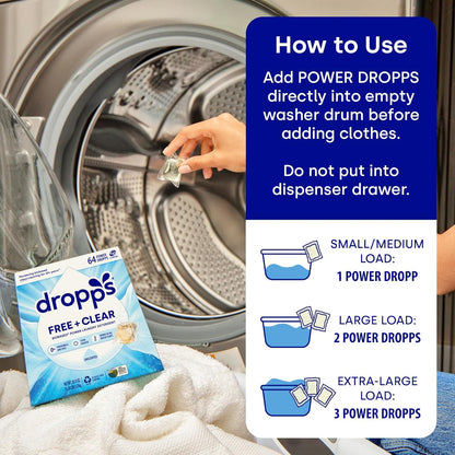 Dropps Free + Clear Biobased Power Laundry Detergent Pods, Unscented (64 Count) - HE Compatible