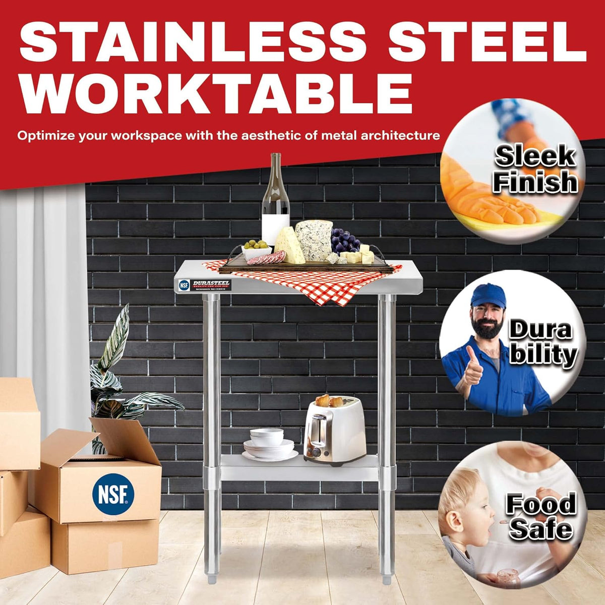 DuraSteel 30x12 Narrow Stainless Steel Table - NSF Small Food Prep Worktable - Counter Height Metal