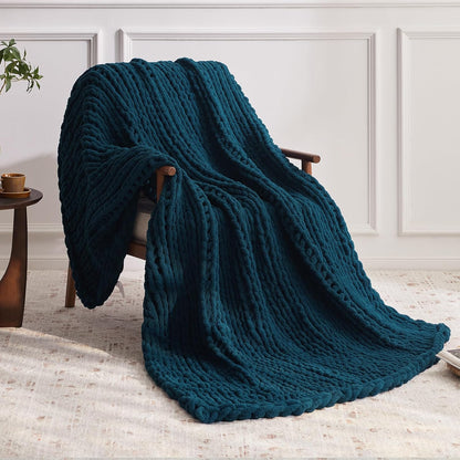 Chunky Knit Throw Blanket, 30''*40'' Knitted Throw Chenille Yarn for Bed Couch, Handmade Peacock