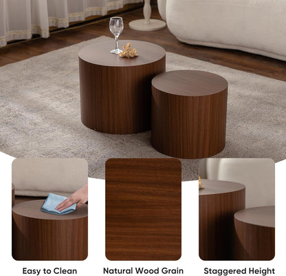 Nesting Round Coffee Table Set of 2, Small Circle Accent End Table for Small Spaces, Morden Drum