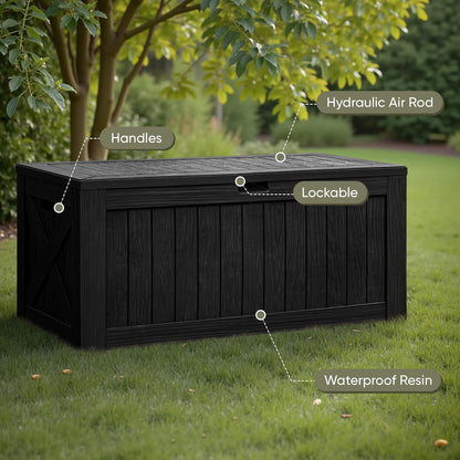 Flamaker Resin Deck Box 120 Gallon Waterproof Large Outdoor Indoor Storage Box Imitation Wood Resin