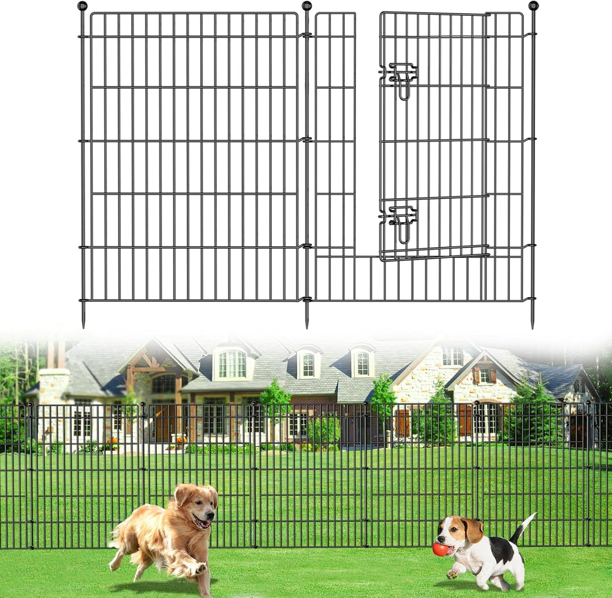 8 Panels No Dig Garden Fence with Gate, 48in(H) × 21ft(L) Decorative Metal Outdoor Dog Fence