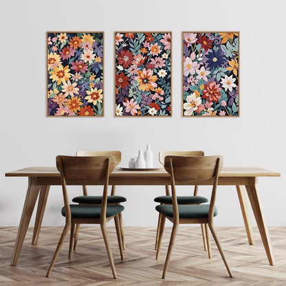 HLNIUC Boho Floral Framed Canvas Wall Art,Colorful Wildflower Landscape Wall Decor Set of