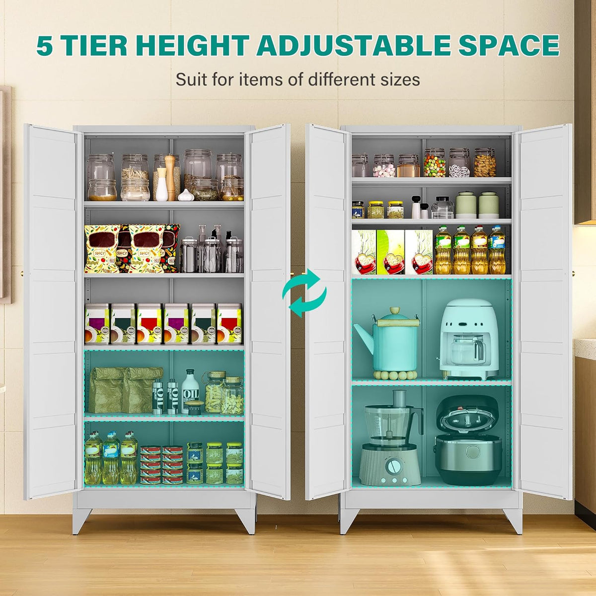 Metal Storages Cabinet with 2 Doors and 5 Shelves,Tall Storage Cabinet,Large Cupboard Closet,Pantry