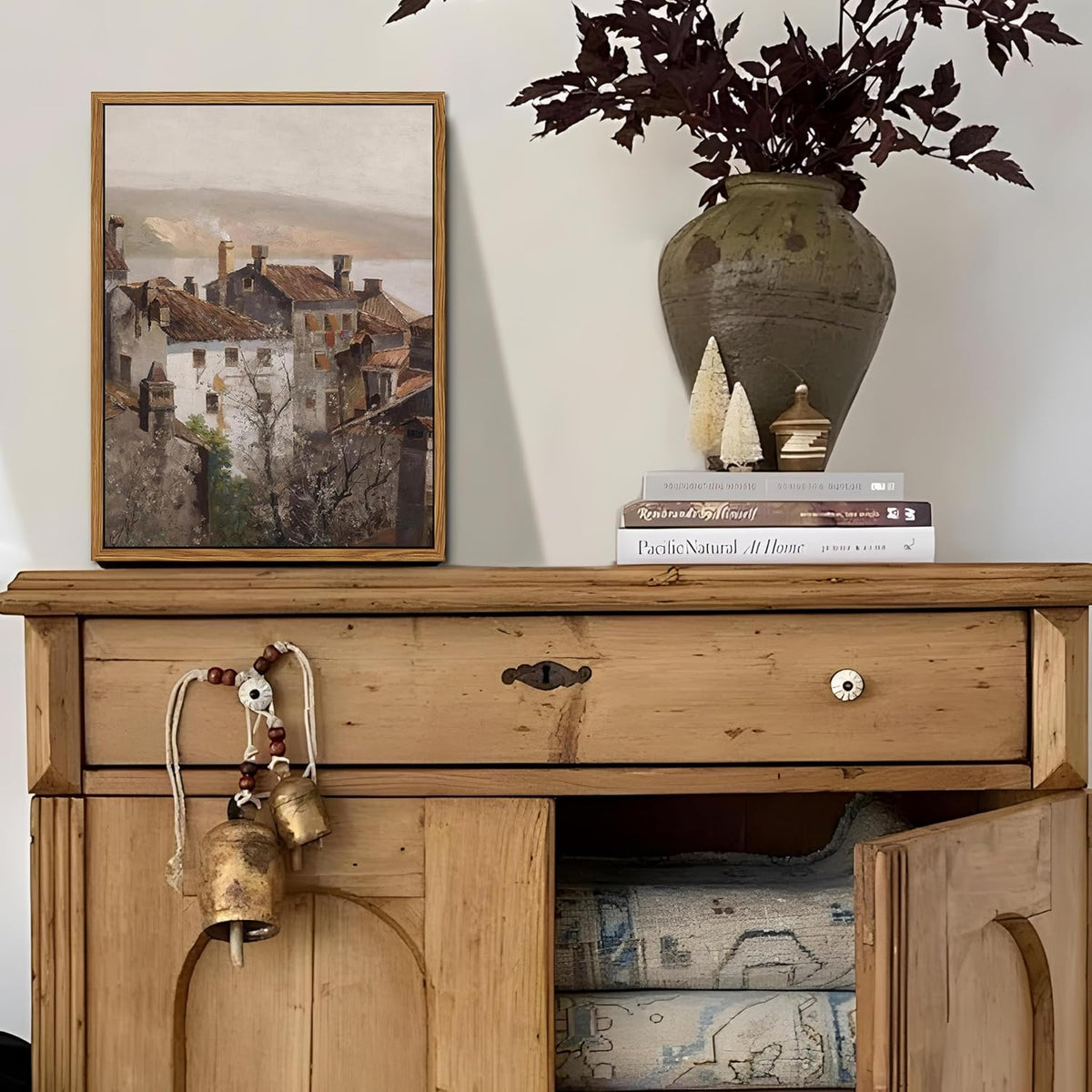 Floating Framed Vintage Canvas Wall Art, European Country Towns Wall Decor Oil Paintings Artwork