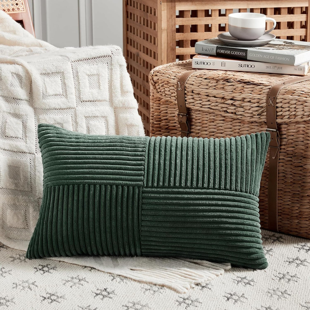 Fancy Homi Set of 2 Dark Green Long Lumbar Decorative Throw Pillow Covers 14x24 Inch for Living