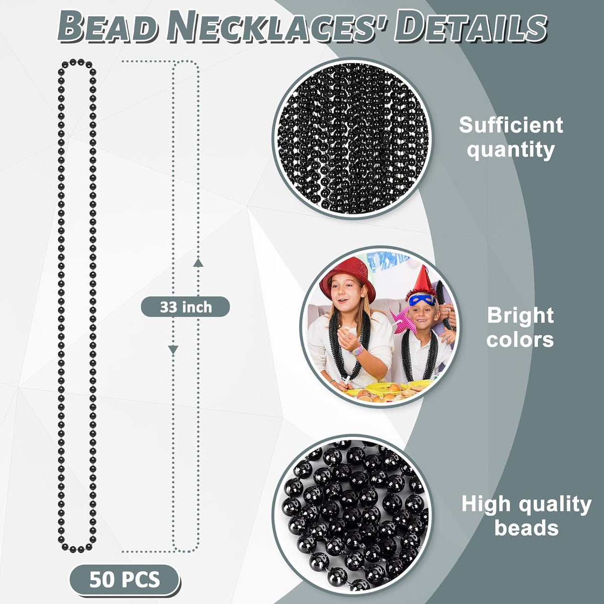 50PCS Bead Necklace, Black Mardi Gras Bead Necklace Party Favors, 33" Metallic Halloween Round