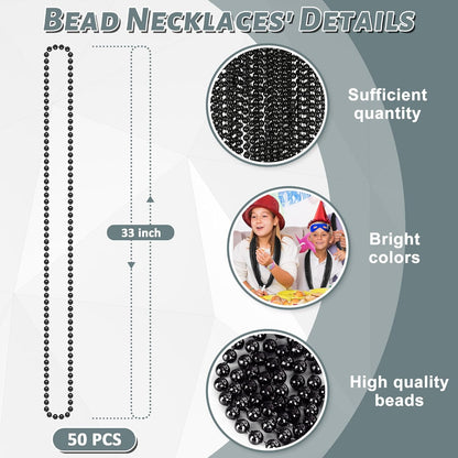 50PCS Bead Necklace, Black Mardi Gras Bead Necklace Party Favors, 33" Metallic Halloween Round