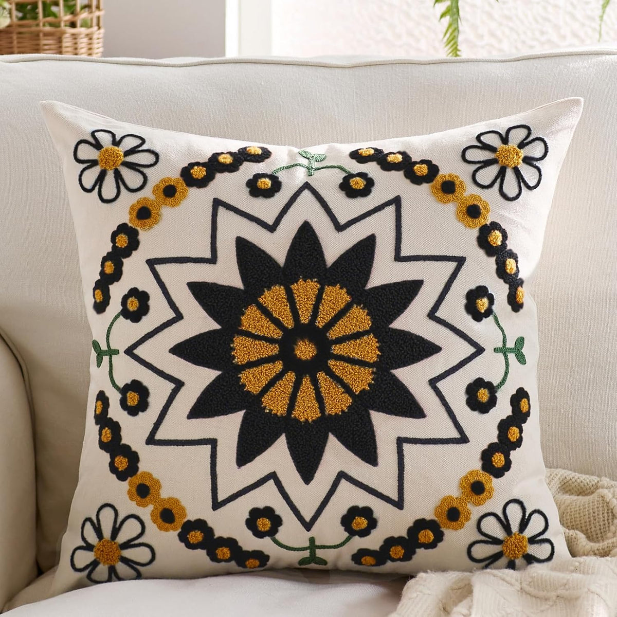 Embroidered Throw Pillow Cover 18x18 Classic Boho Floral Pattern Pillows Cover Outdoor Decorative