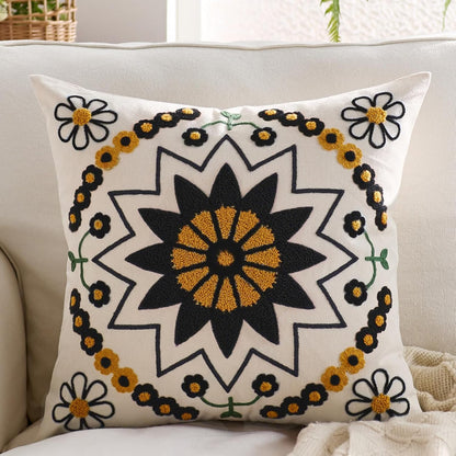 Embroidered Throw Pillow Cover 18x18 Classic Boho Floral Pattern Pillows Cover Outdoor Decorative