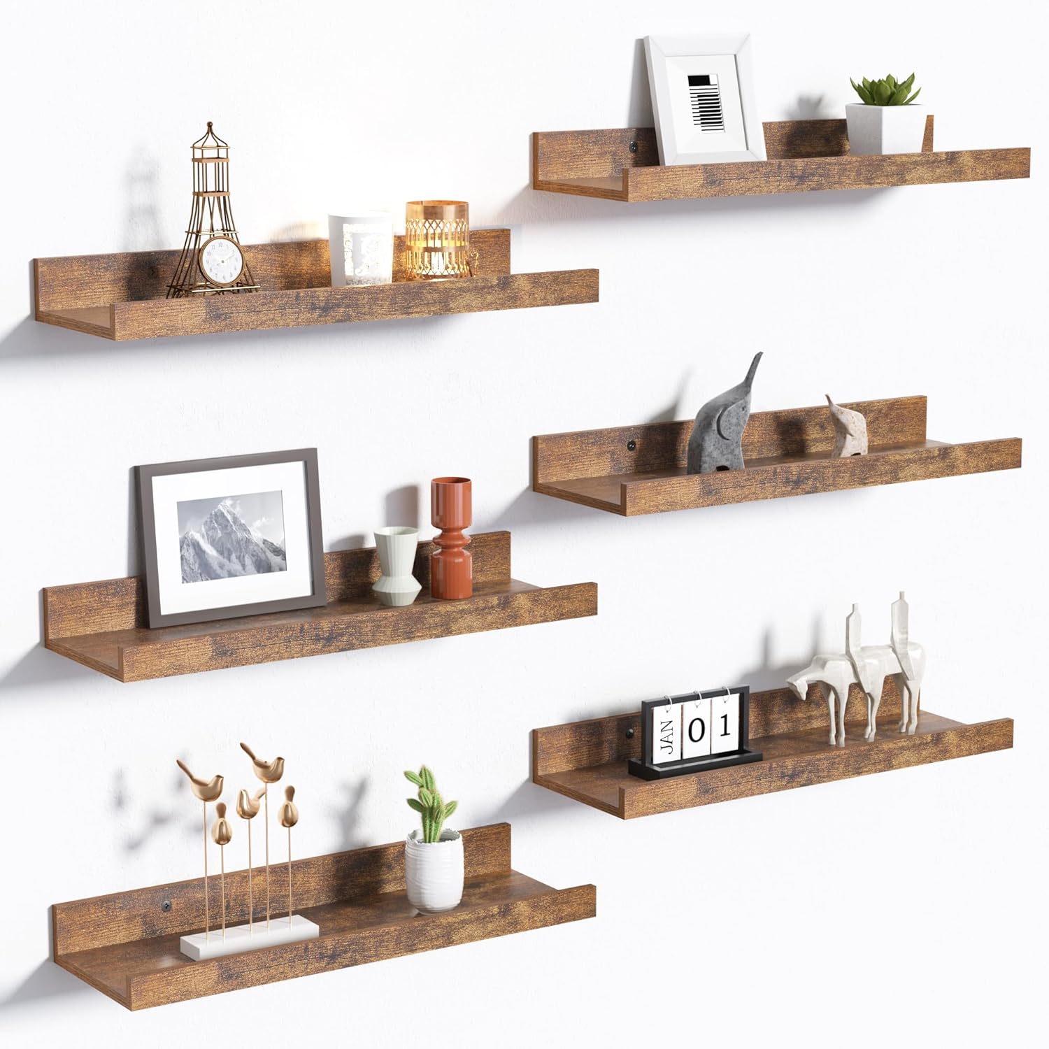 upsimples Floating Shelves for Wall, Wall Shelves for Decor Storage Set of 6, Wall Mounted Wood