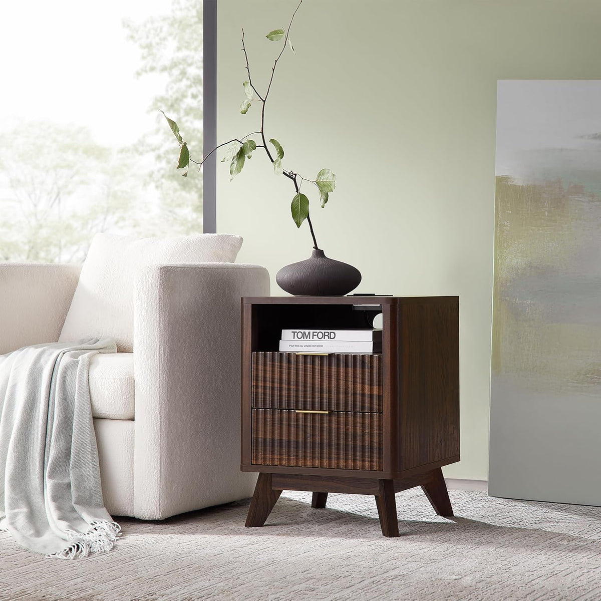 T4TREAM Fluted Nightstand Set of 2 with Charging Station, 18" Modern Side Table, 2 Drawers End