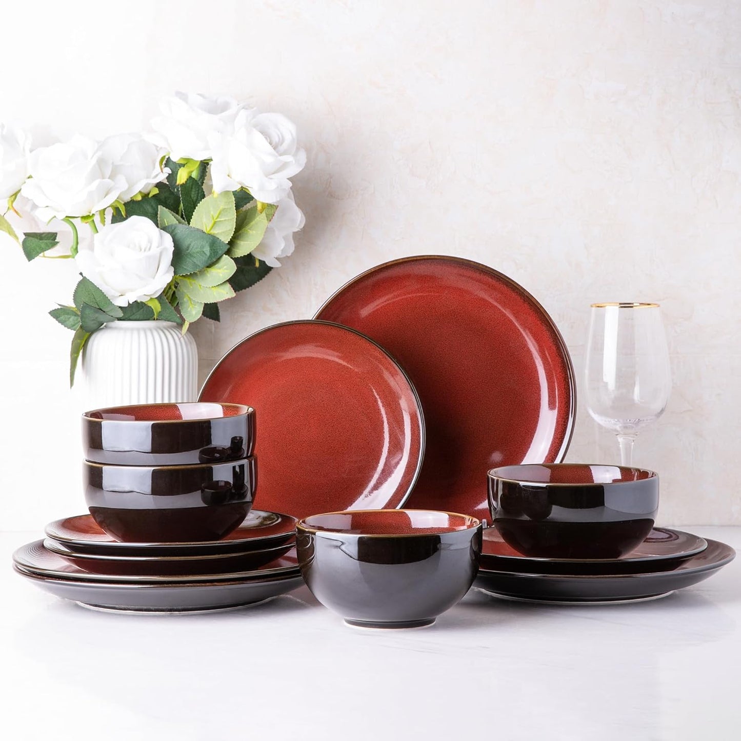 LERATIO Ceramic Dinnerware Sets for 4,Stoneware Coupe Plates and Bowls Sets,Highly Chip and Crack
