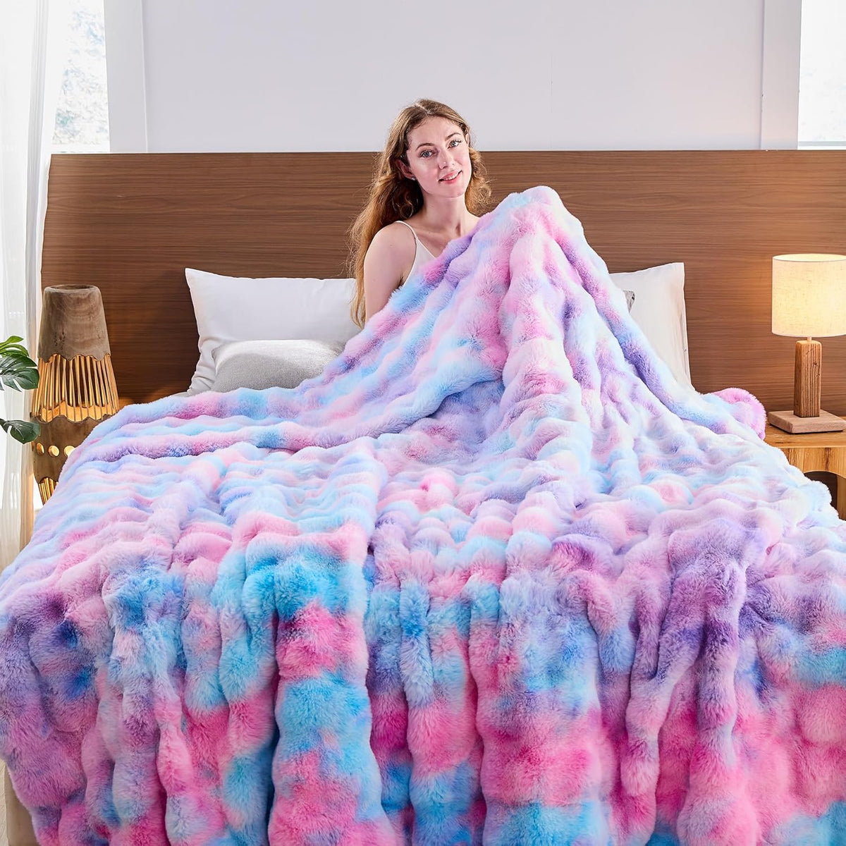 Lotus Karen Faux Fur Throw Blanket Tie-Dye Purple Rainbow - Big Bubble Rabbit Fluff Blanket for