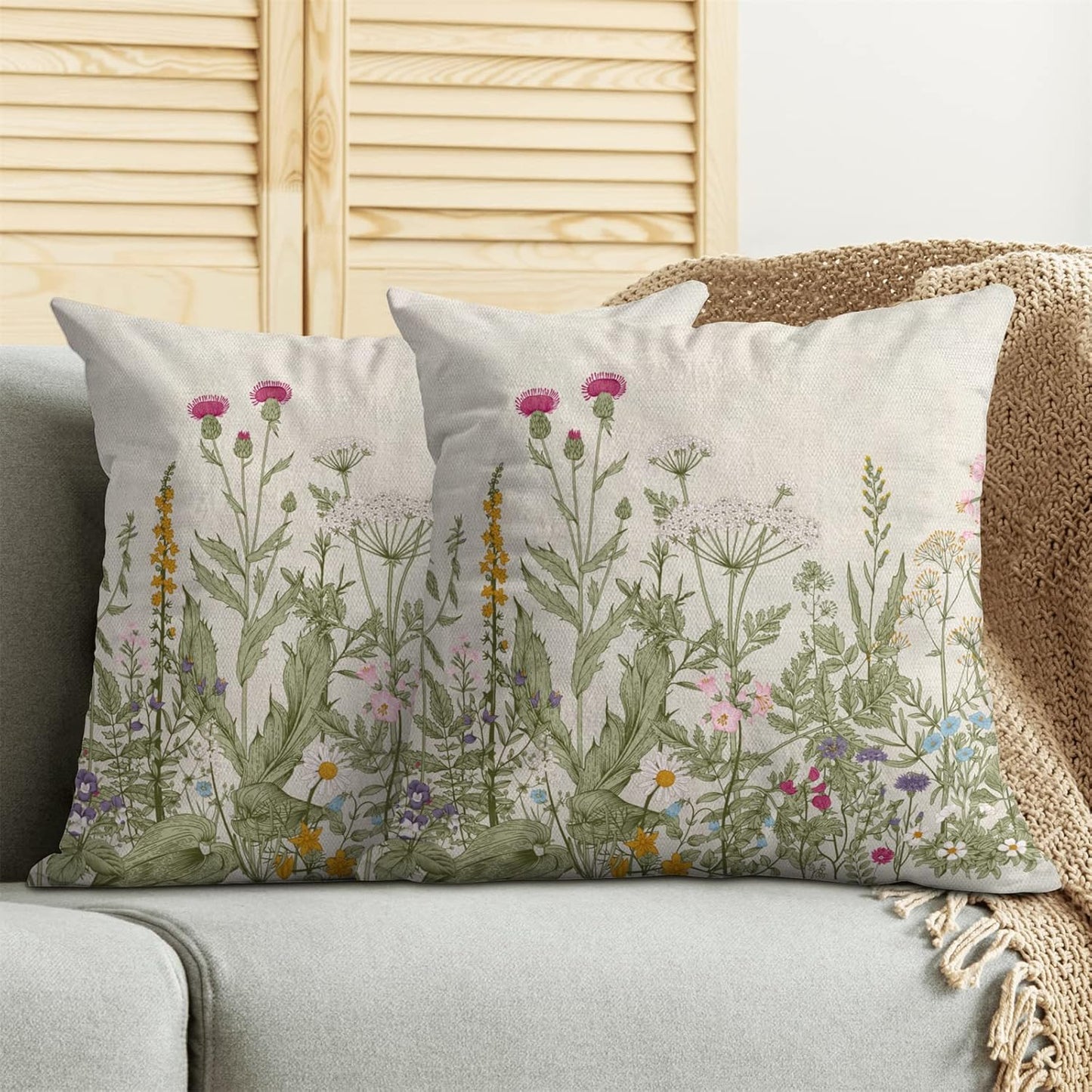 Spring Floral Pillow Covers 18 x 18 Inch Set of 2 Vintage Sage Green Wild Flowers Decor Throw