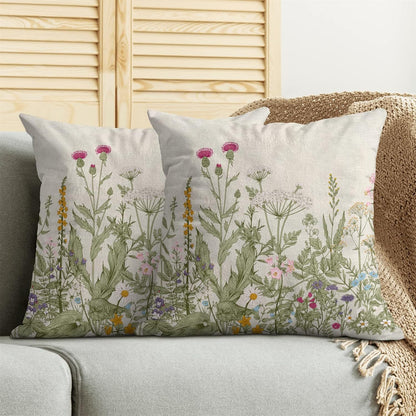 Spring Floral Pillow Covers 18 x 18 Inch Set of 2 Vintage Sage Green Wild Flowers Decor Throw