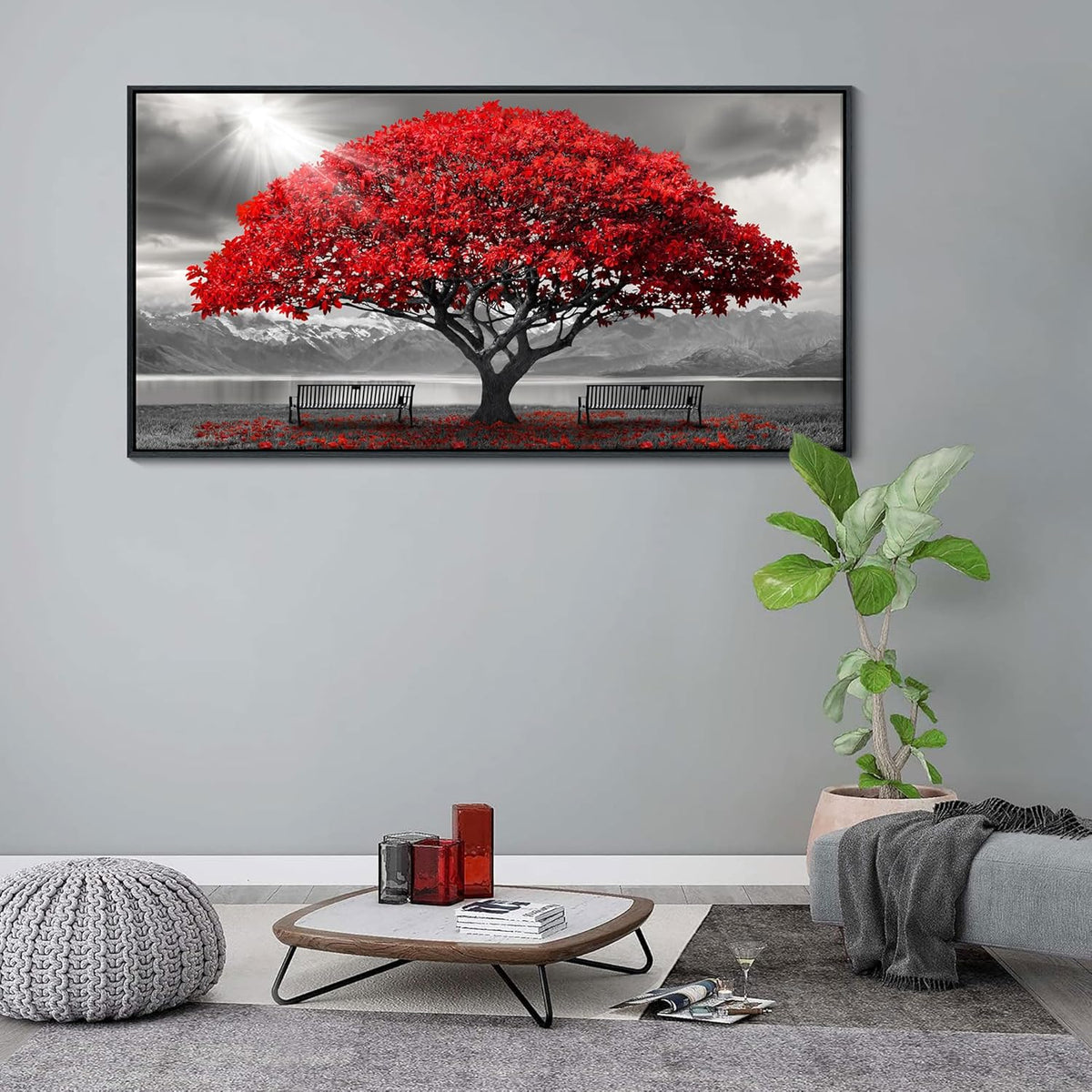 AJAZIKO Red Wall Art - Modern Framed Wall Art for Living Room - Red Tree Black and White Landscape