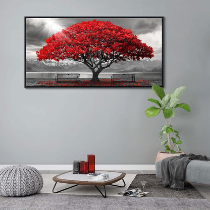 AJAZIKO Red Wall Art - Modern Framed Wall Art for Living Room - Red Tree Black and White Landscape