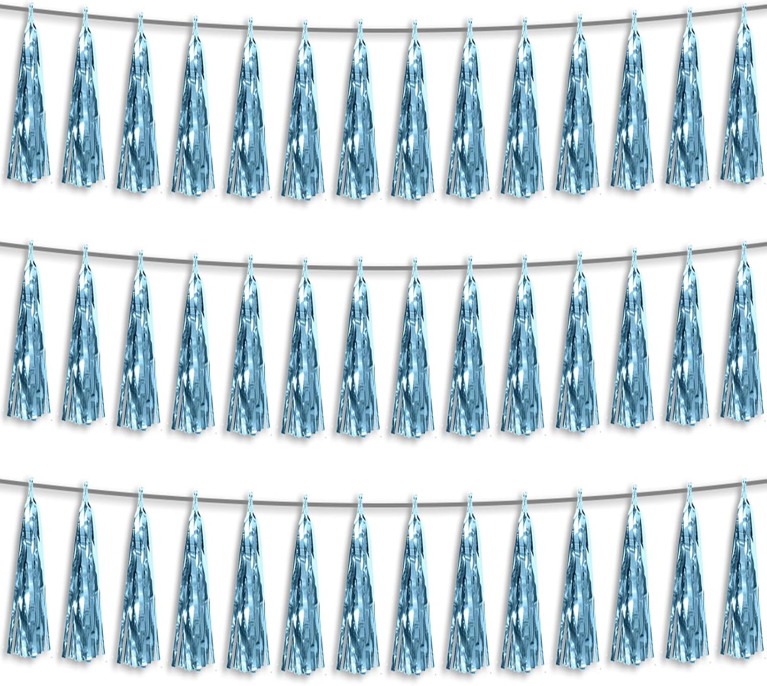 3P Light Blue Foil Fringe Metallic Tassel Streamers Banner Tassel Garland for Parade Floats