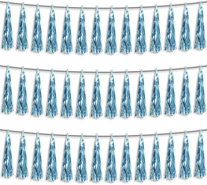 3P Light Blue Foil Fringe Metallic Tassel Streamers Banner Tassel Garland for Parade Floats