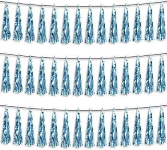 3P Light Blue Foil Fringe Metallic Tassel Streamers Banner Tassel Garland for Parade Floats