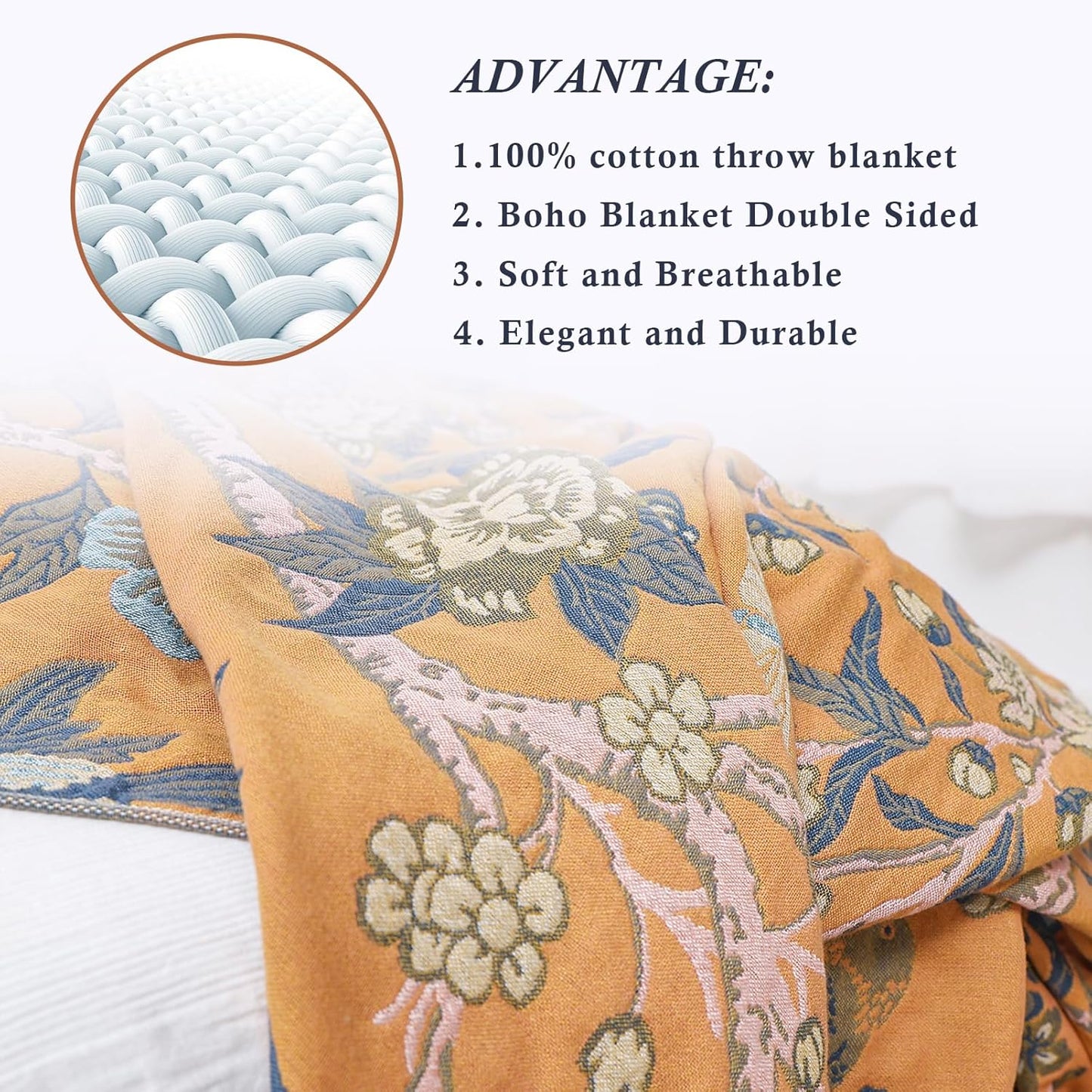 Snycler Boho Throw Blanket for Bed - 100% Cotton Ultra Soft Rustic Quilt Blanket Orange Bird Floral