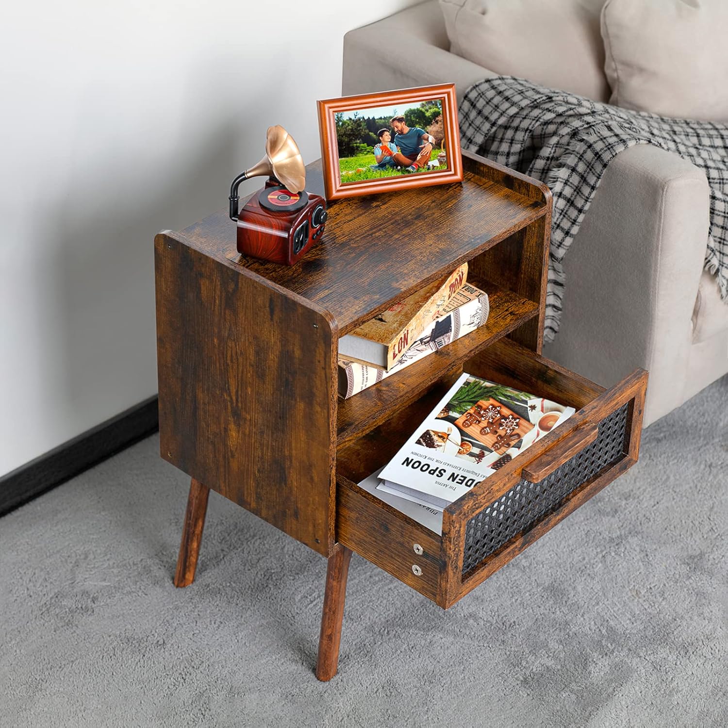 Lerliuo Rattan Nightstands Set of 2, Boho Side Table with Drawer Open Shelf, Cane Accent Bedside