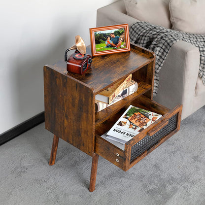 Lerliuo Rattan Nightstands Set of 2, Boho Side Table with Drawer Open Shelf, Cane Accent Bedside