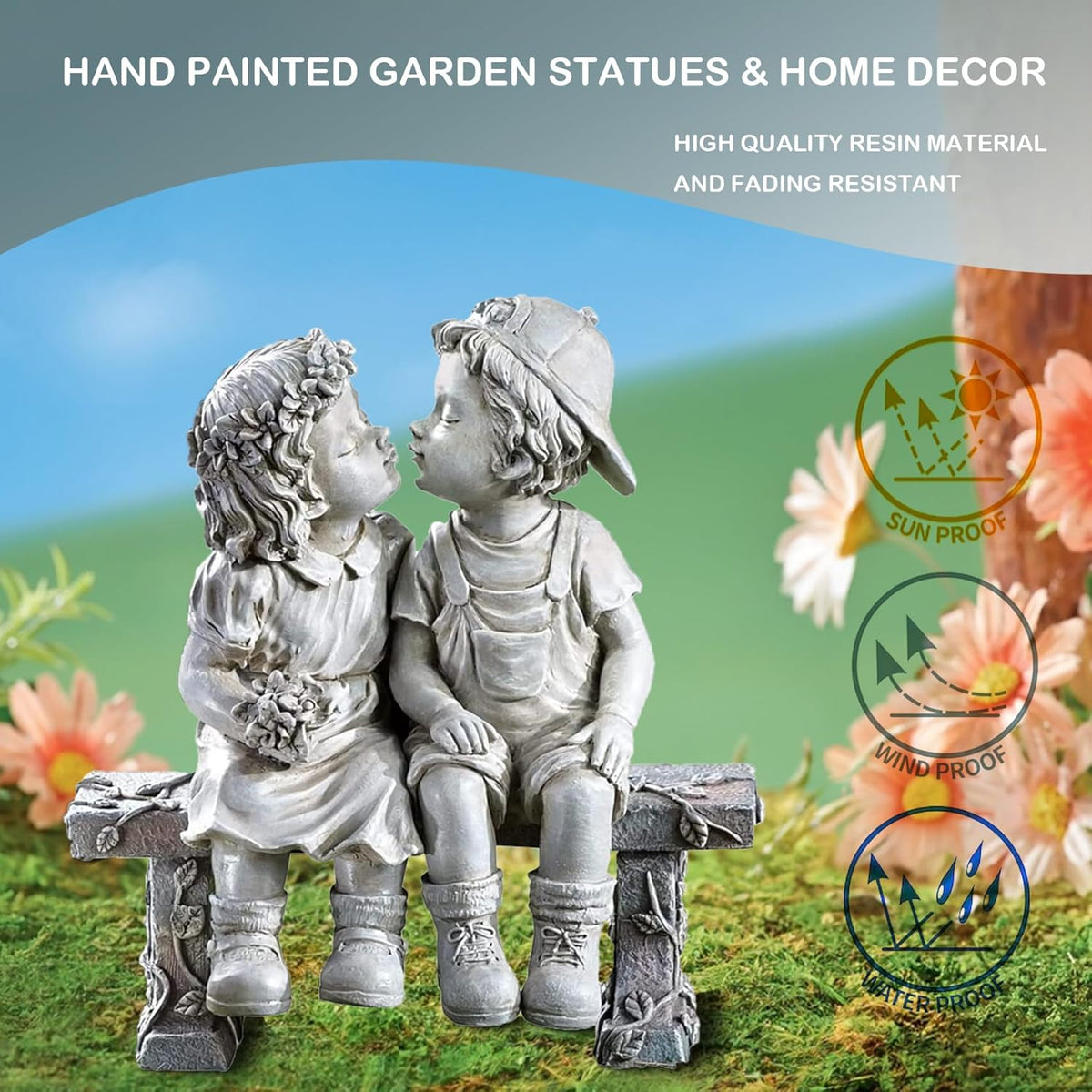 Elenon Boy and Girl Garden Statue Outdoor Decorative, Couple First Kiss Garden Sculpture for Yard