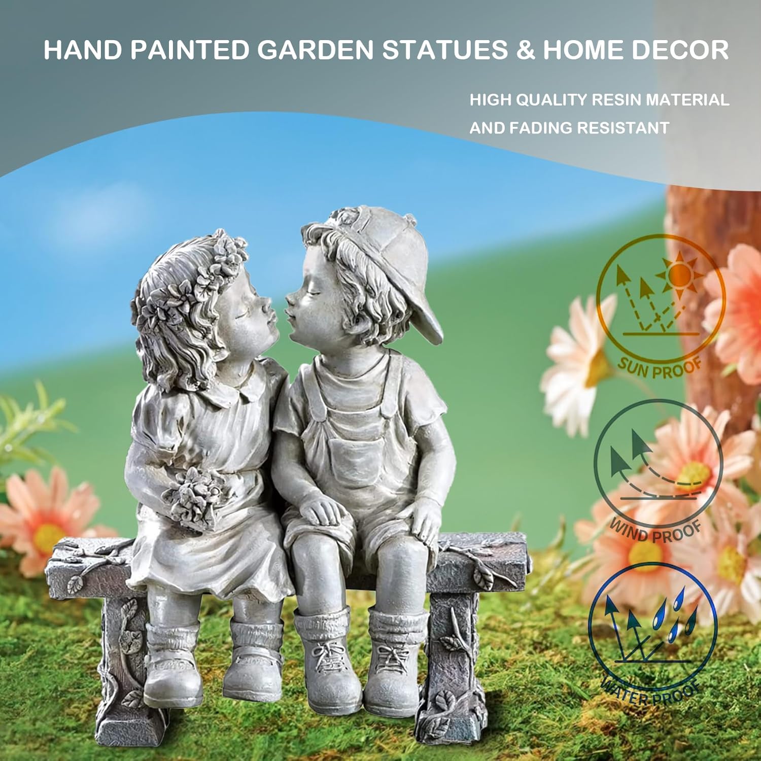 Elenon Boy and Girl Garden Statue Outdoor Decorative, Couple First Kiss Garden Sculpture for Yard
