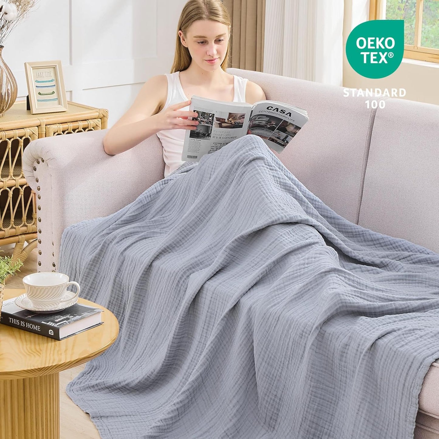 EMME Cotton Muslin Throw Blanket Couch Breathable Gauze Blanket Soft Lightweight Blankets Adults
