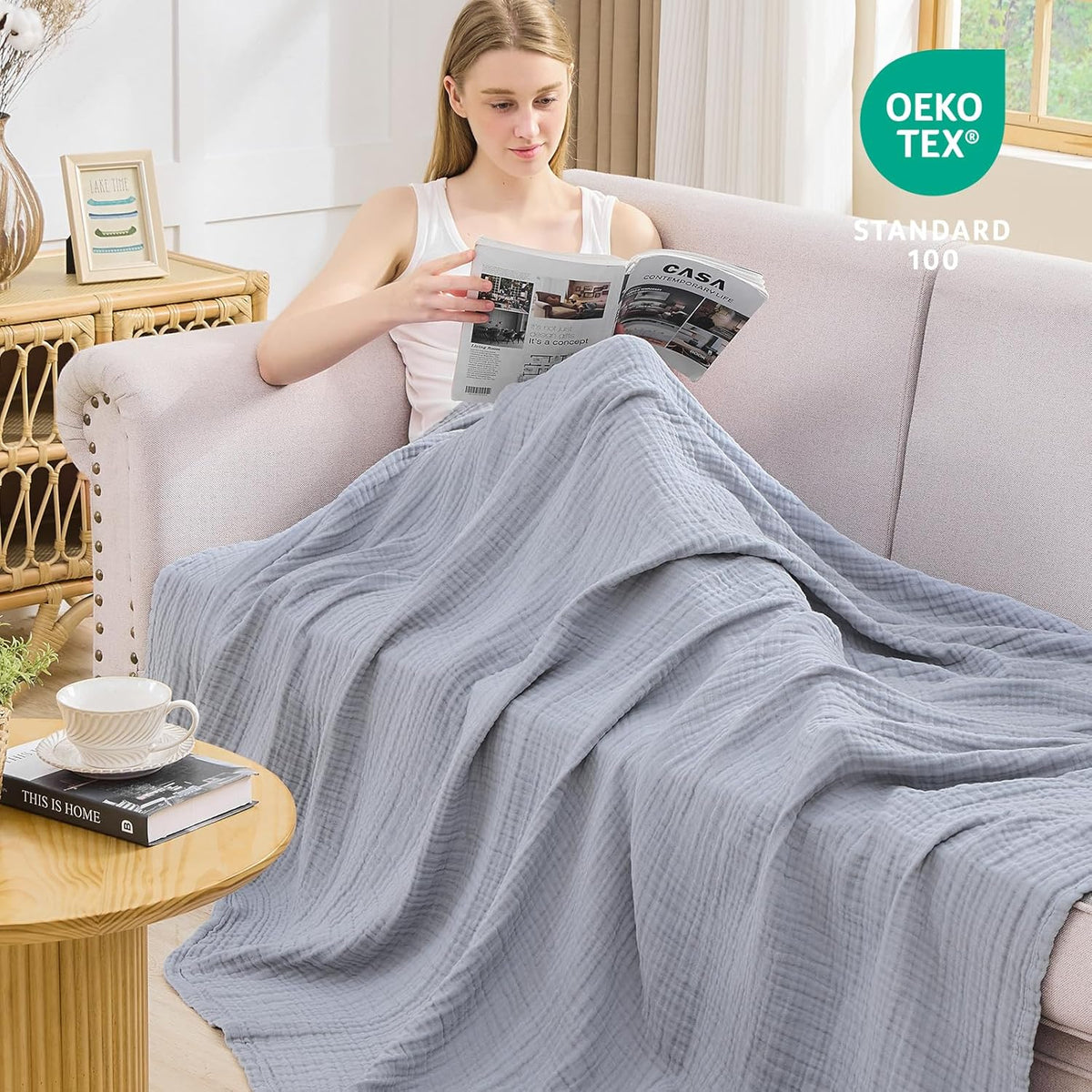 EMME Cotton Muslin Throw Blanket Couch Breathable Gauze Blanket Soft Lightweight Blankets Adults