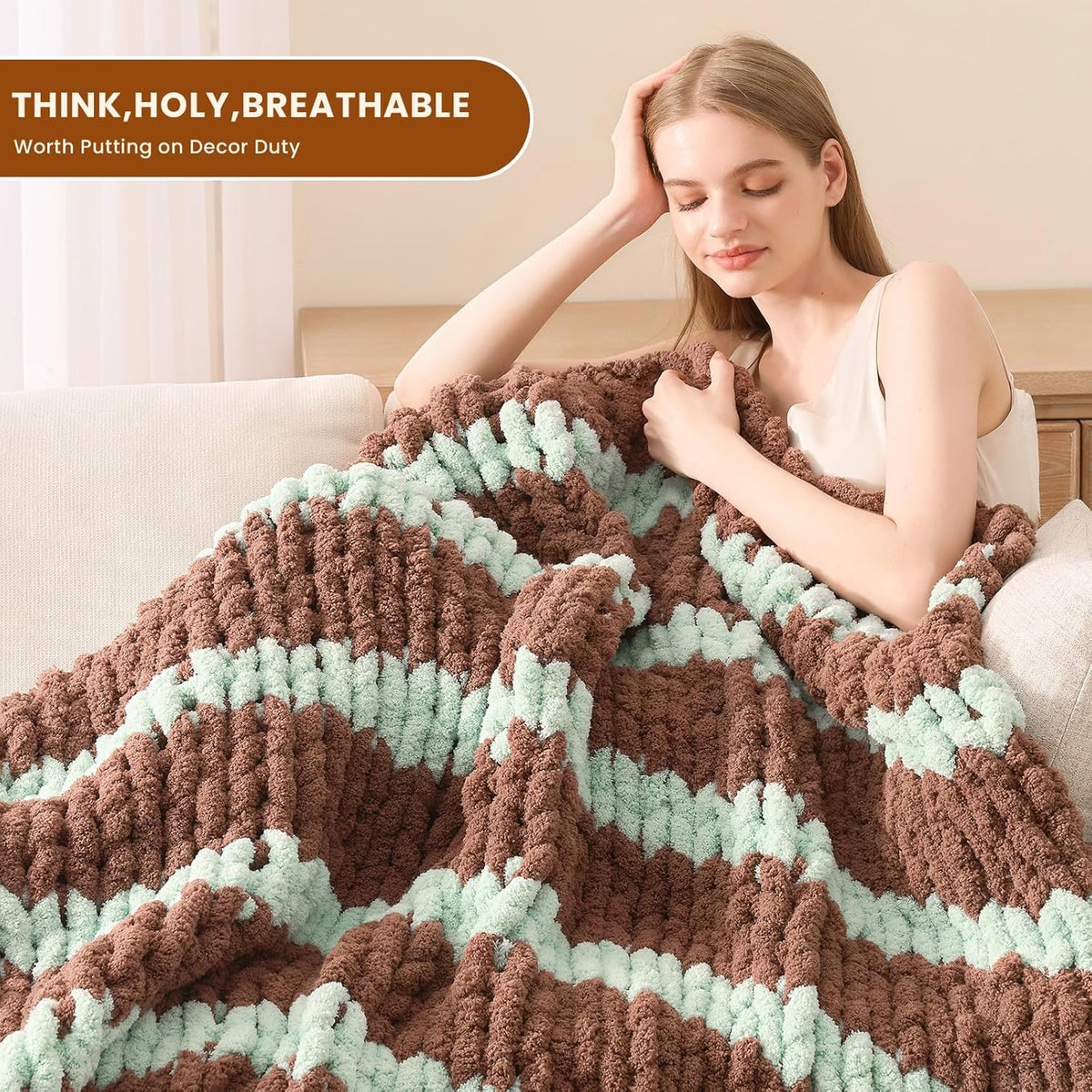 L'AGRATY Chunky Knit Blanket Throw: 60''x80'' Chenille Chunky Knitted Throw Blankets for Twin Bed