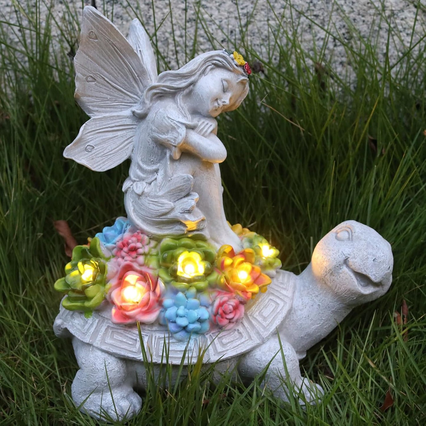 Garden Statues Outdoor Decorations Solar Turtle Angels Decor with Succulents LED Lights Garden