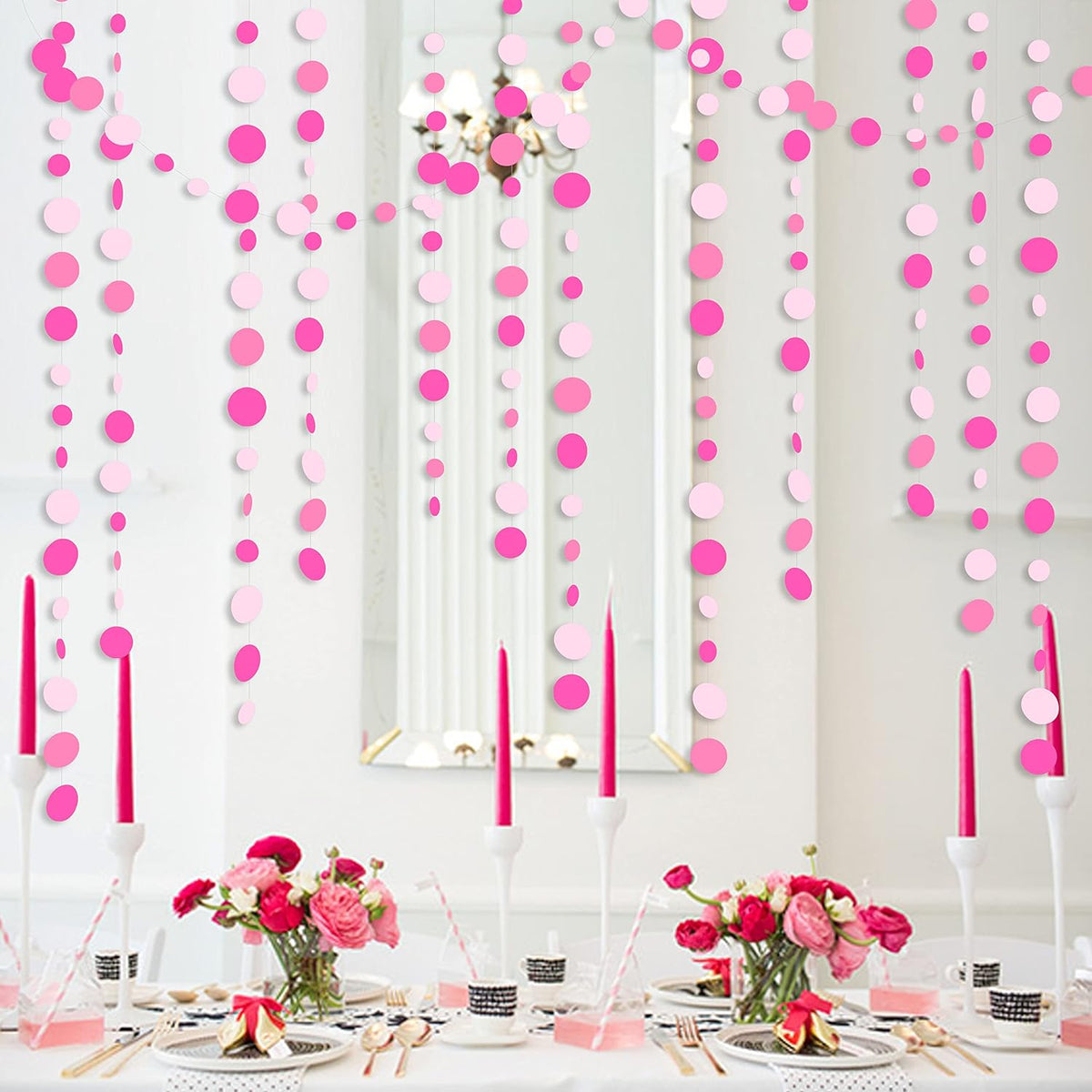 Hot Pink Party Decorations Circle Dots Garland Rose Pink White Hanging Paper Polka Dots Streamer