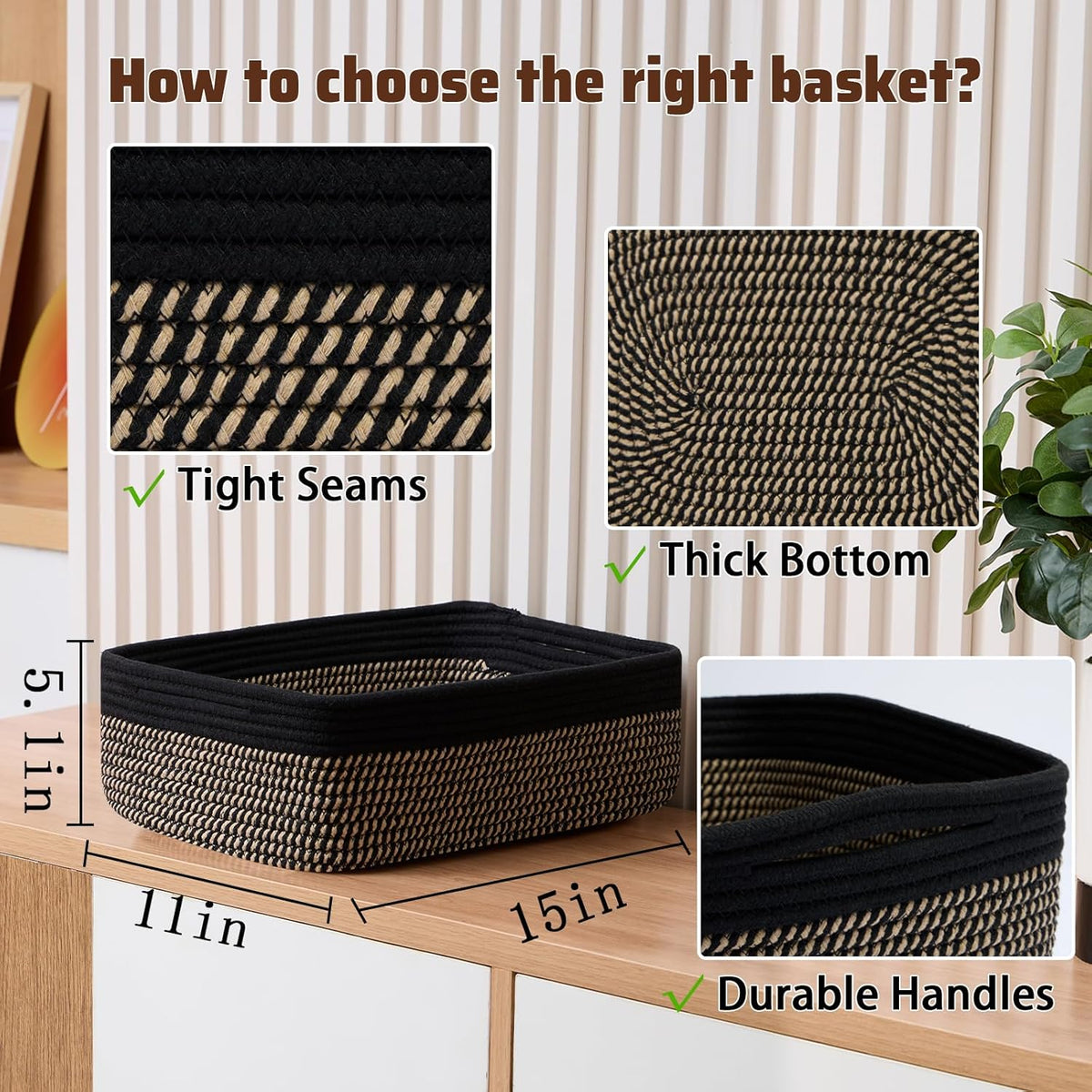 Large Shallow Organizing Baskets 15x11x5.1 Inches - Rope Woven Storage Bins for Bathroom, Shelves