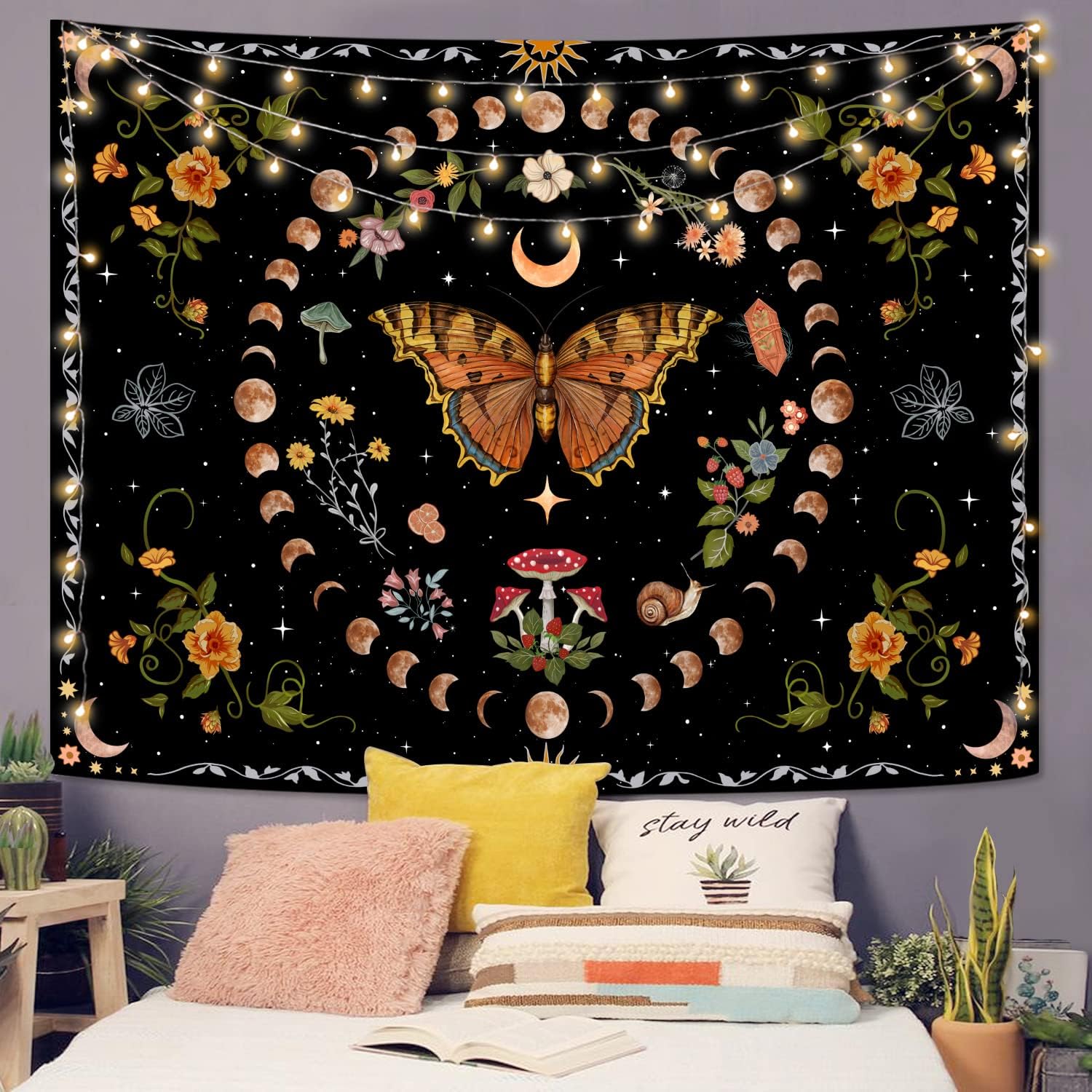 Aipon Orange Butterfly Moon Flower Tapestry Botanical Floral Plant Boho Tapestry for Bedroom