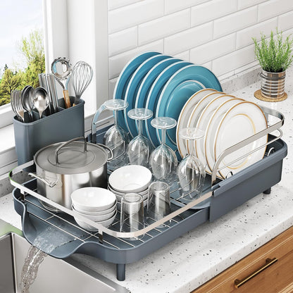 Dish Drying Rack, Expandable Dish Rack for Kitchen Counter, Stainless Steel Dish Drainer with