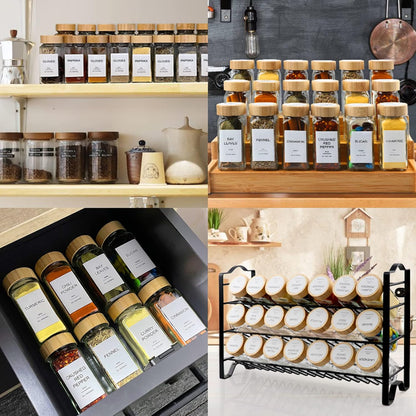 AISIPRIN Glass Spice Jars with 398 Labels, 24 pcs 4oz Spice Containers with Bamboo Lids, Square