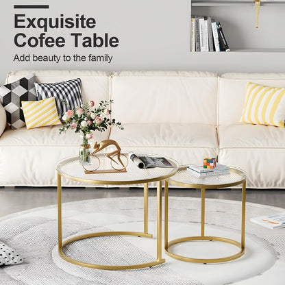 aboxoo Nesting Coffee Table Set of 2, Small Round Glass Nesting Tables for Living Room Bedroom