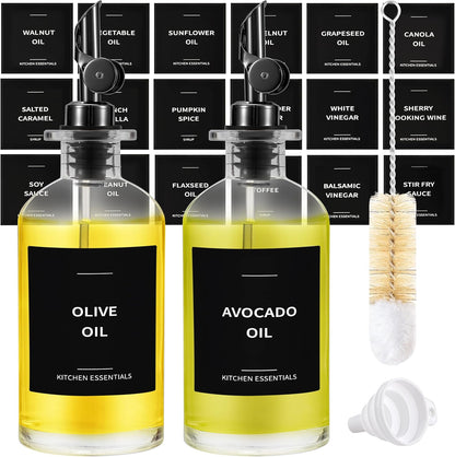 Olive Oil Dispenser Bottle - Includes 55 Kitchen Essential Labels - Cooking Oil Bottles for
