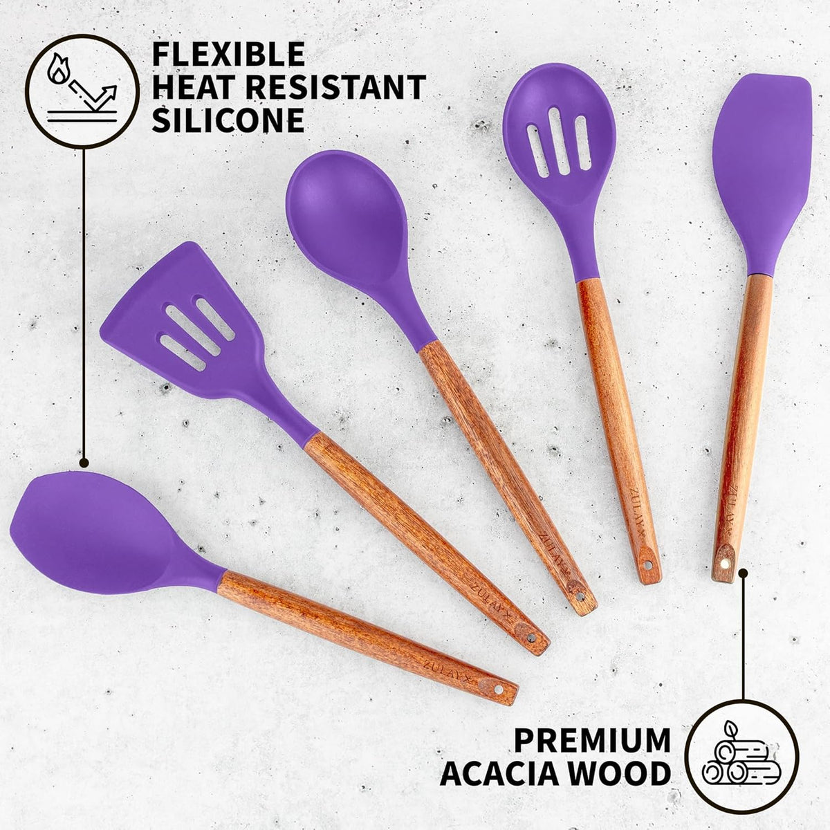 Zulay Kitchen Non-Stick Cooking Utensils Set with Authentic Acacia Wood Handles – 5-Piece Durable &