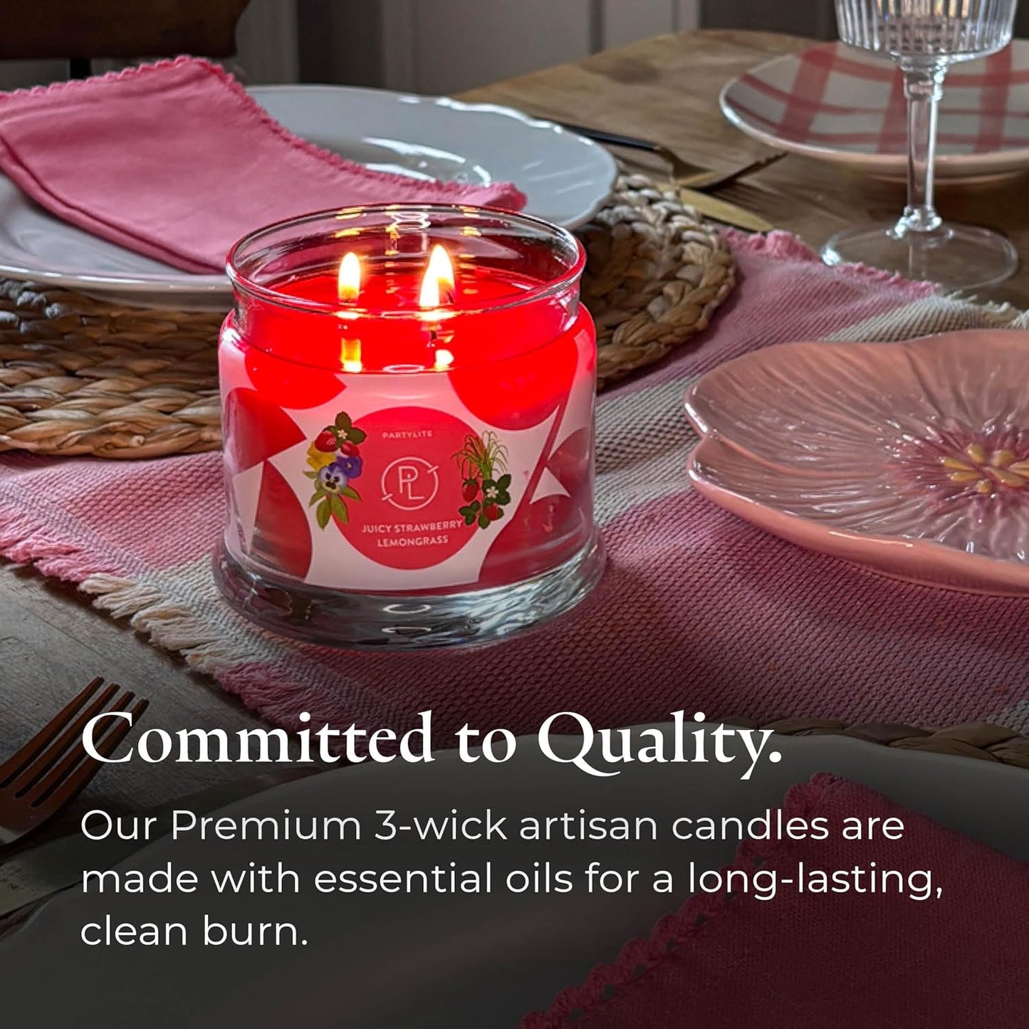 PartyLite Juicy Strawberry Lemongrass Scented, Notes of Lemongrass, Eucalyptus, Pansies, Verbena &
