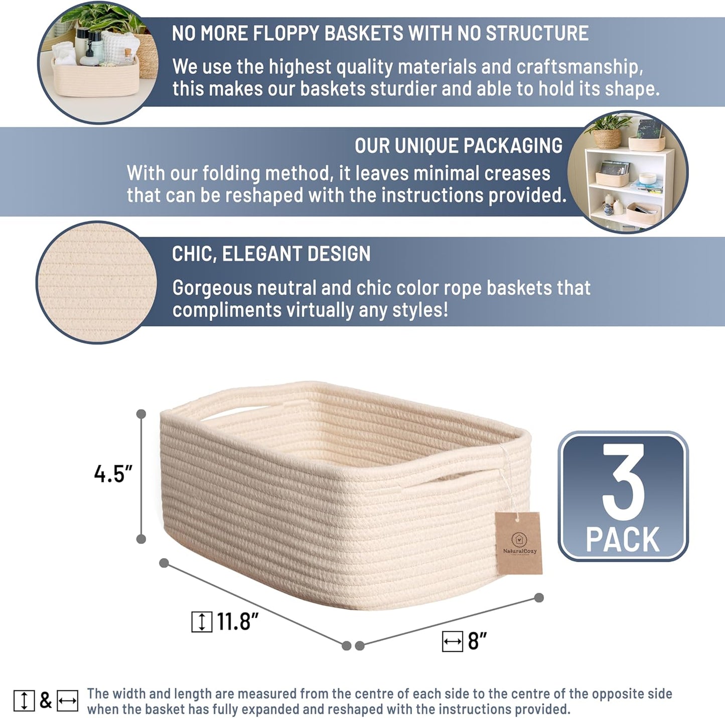 NaturalCozy 11.8"x8"x4.5” Storage Baskets for Shelves 3 Pack | Cotton Rope Woven Small Baskets for